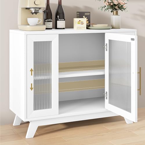 Image of 36 inch Sideboard Buffet Cabinet with Storage, Contemporary Farmhouse Kitchen Sideboard with Glass Doors & Adjustable Shelves for Dining Room & Living Room