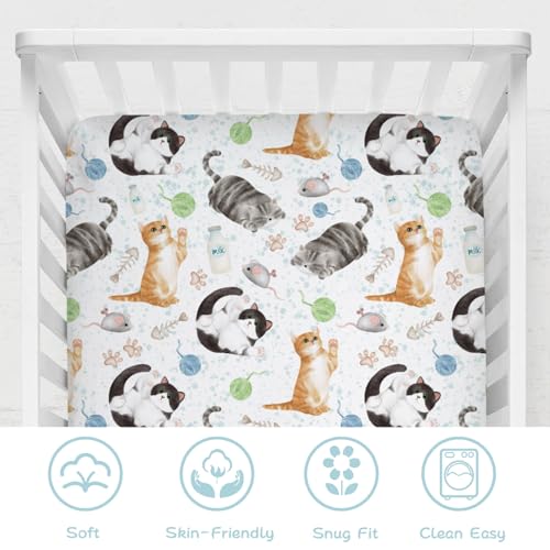 Image of Watercolor Cats Baby Crib Sheets 52''x28'' - Cute Paws Milk Snug Fitted Mattress Cover for Boy Girl - Soft Nursery Bed Sheets for Standard Crib and Toddler Mattresses - Cat Lovers Gift