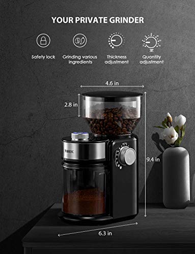 Burr Coffee Grinder, Large Hopper Electric Burr Mill with 18 Grinding Options for 2-14 Cups, Automatic Burr Grinder for Drip, Percolator, French Press, American, Italian Coffee Makers, TIBEK