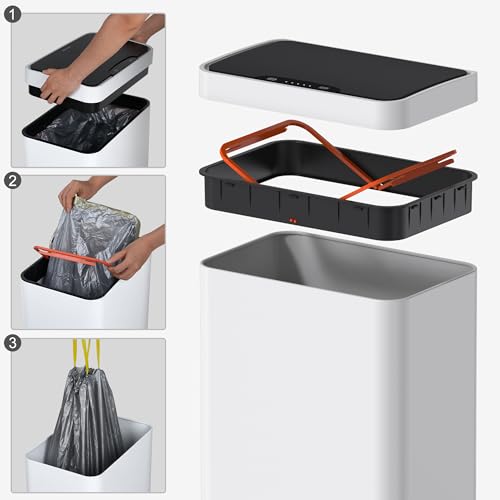 Image of Mbillion 15 Gallon Touchless Motion Sensor Trash Can | Rectangular whtie smart garbage can with lid, automatic touchless design for kitchen, bedroom, home & office use