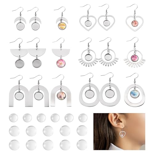 FASHEWELRY 28Pcs Stainless Steel Earring Bezel Blanks Wire Hooks Trays Fan Heart Horn Dangle Cabochons DIY Dome Making