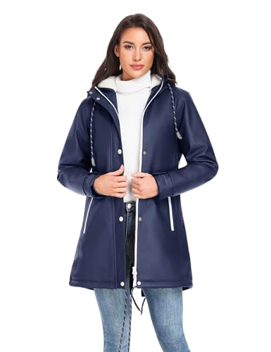 Vancavoo Wintermantel Damen Winterjacke Warm Gefüttert Wasserdicht Atmungsaktiv Regenmantel Übergangsjacke Winter Windbreaker Jacke Mantel Outdoorjacke mit Kapuze,Marineblau,L