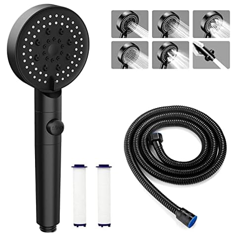 Shower Head High Pressure with Filter, LgowithU 6 Spray Modes Water Saving Handheld Universal Shower Heads for Hard Water Low Pressure with 1.5M Shower Hose and 2 Filter Cartridge (Black) Cover