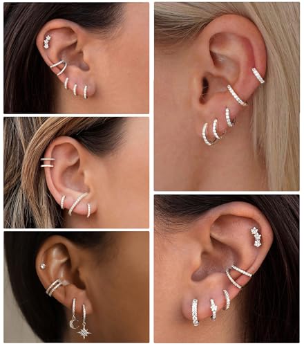 DEARMAY 5Pcs Gold Huggie Hoop Earring Sets for Women, Silver Post 14K Gold Plated CZ Earrings Jewelry Small Hypoallergenic Trendy Waterproof Lightweight Multiple Cartilage Earring4