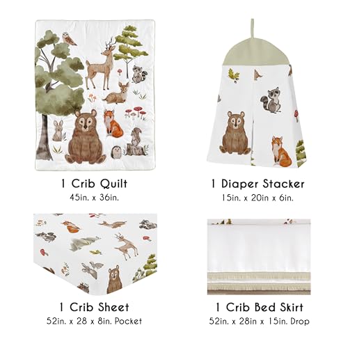 Image of Sweet Jojo Designs 4-Piece Baby Crib Bedding Set (Woodland Animals) for Boys or Girls, Infants /Nursery incl. Blanket, Fitted Sheet, Skirt, Diaper Stacker (Neutral Theme, Forest Animal, Bear, Hedgehog)