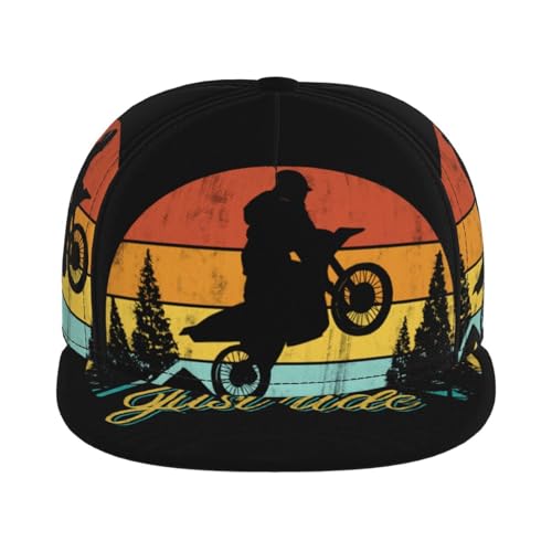 Retro Sunset Motorcycle Fashion Flat Brim Baseball Cap â€“ Stylish Unisex Cap with All-Over Print Design â€“ Breathable Lightweight Hat for Daily Wear, Outdoor Activities, and Travel Black2