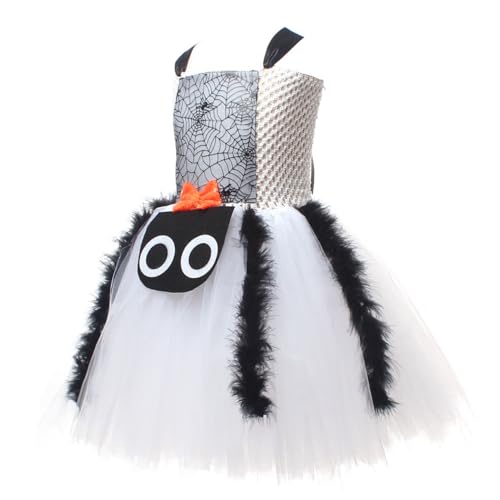 IBAKOM Girls Witch Costume Spider Ruffle Tulle Dress with 1 Pair Hair Clips and Broom Kids Spider Fancy Dress Up Outfit for Carnival Masquerade Party White 8-9Y - Image 3