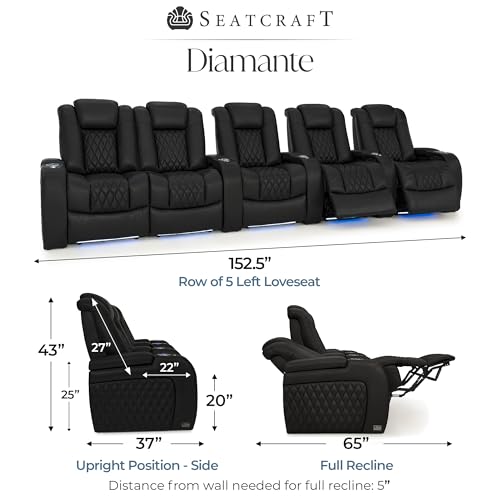 Image of Seatcraft Diamante Black Italian Leather Home Theater Seating, Zero Gravity Power Recliner Gaming and Home Office Chair, Powered Headrest Lounge Sofa Furniture for Cinema Room, Row of 5 Left Loveseats