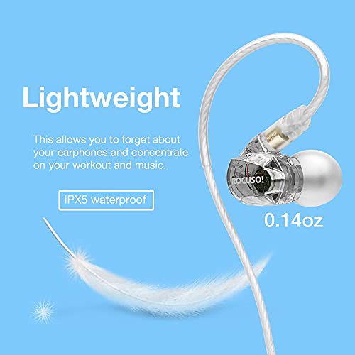 Rocuso Noise-Isolating Musician's In Ear Monitor, Wired Over Ear Stereo Bass Headphones With Microphone, Waterproof Sport Earbuds For Running, Jogging, Gym, Clear #TOP3