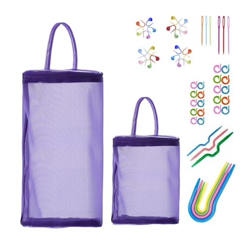 Bolsa de armazenamento de fios com 2 peças, bolsa de fio portátil para suporte de malha, bolsa de armazenamento portátil de lã, bolsa organizadora de bolas de fio + 53 peças de kits de tricô de crochê