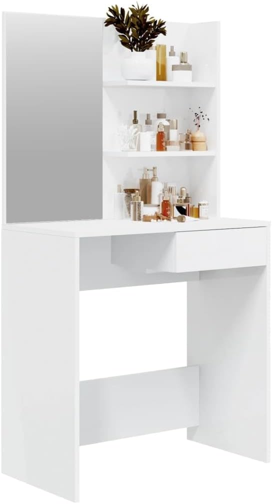 Dressing table with items on shelves and tabletop