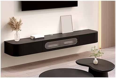 Modern Floating TV Cabinet with Drawers & Door Wall Mounted Wood Media Console Sleek Entertainment Center Stylish TV Storage Rack for Living Room Space Saving Shelf (Black 180x24x2
