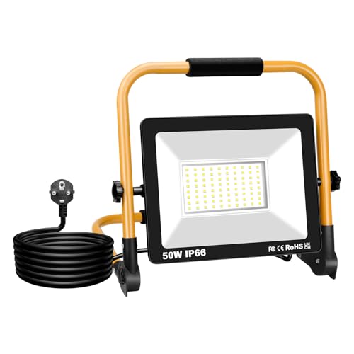 YOJZMA Luz LED Portátil de Trabajo con Cable de 3M, 50W 5000LM Focos LED, 6000K Blanco, Rotación 360°, IP66 Impermeable, Luces para Exterior/Interior, Taller, Garaje, Construcción