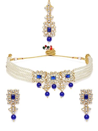 Juego de joyas con perlas azules y Kundan ideal para bodas y eventos de gala