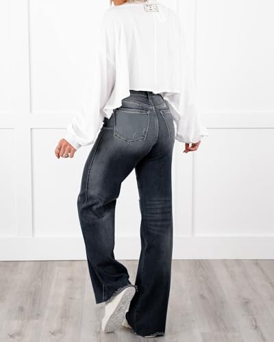 Women's High Waisted Straight Wide Leg Jeans Frayed Hem Distressed Stretchy Casual Loose Fit Denim Pants.3
