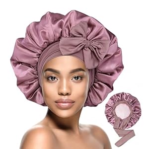 HiRui Silk Satin Bonnet for Sleeping Women, Double-Layer Sleep Cap Shower Cap with Adjustable Tie, Moisture Retaining Satin Lined Hair Bonnet for Curly and Natural Hair (Blush Pink/Pink, Medium)
