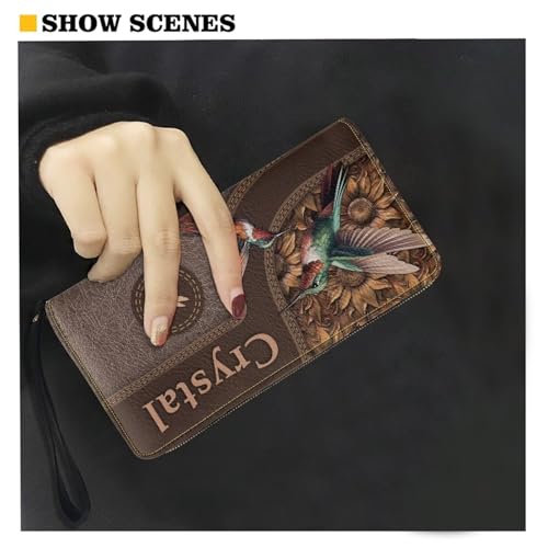 Image of Bulopur Custom Name Wallet for Women Hummingbird Zip Around Wristlet Purses PU Leather Waterproof Minimalist Wallet Long Handbags Coin Cash Holder for Travel Shopping Work
