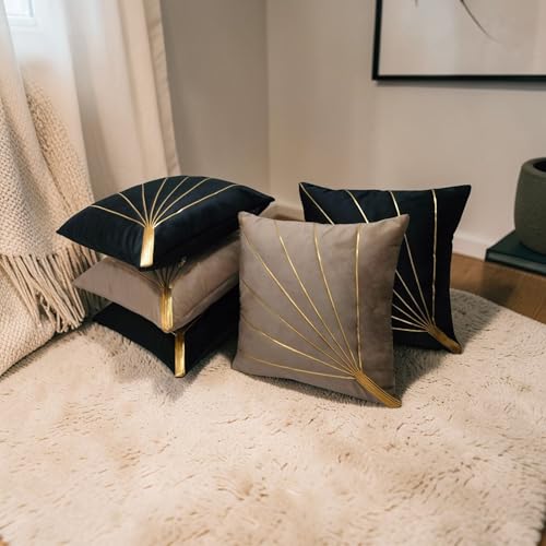 Image of Home Velvet Cushion Cover with Golden Stripes, Aqua Pack of 5, 16x16 to 26x26 Inch (Mouse /Black, 26x26in)