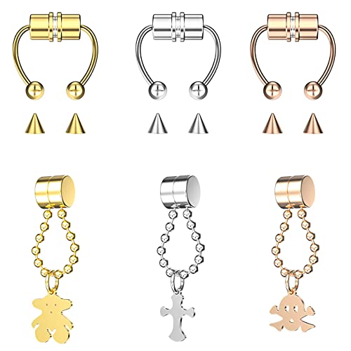 Hywean 6 piezas (3 + 3) magnético falso anillo de nariz imán de acero inoxidable 2 estilos tabique anillos de nariz anillos de herradura Cadena falso nariz piercing clip en aro no-piercing Cover