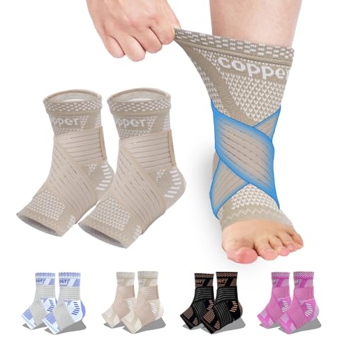 Image of LISEPWU Copper Ankle Brace with Adjustable Compression Bandage, Ankle Support Compression Sleeve for Men & Women, for Foot Pain, Sprained Recovery, Achilles Tendonitis, Sports Protection(Skin Tone L)