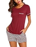❤ Klassiches und modisches Design: Weiches lockeres Kurzarmshirt mit Rundhalausschnitt wird mit gestreiften Hosen mit elastischem Bund gepaart. Für jede Frau ist Unibelle Pyjama Set definitiv eine ideale Wahl.
