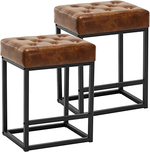 Furnimart 24 Inch Bar Stools Set Of 2 Faux Leather Counter Height Bar Stools, Upholstered Counter Saddle Chair Island Stool With Metal Frame For Bar Kitchen Dining Room Indoor (Yellow Brown) #TOP6
