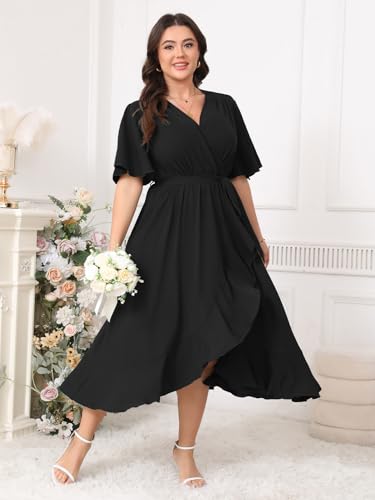 Plus Size Formal Wedding Guest Cocktail Dresses for Curvy Women Maxi Dress Wrap V Neck Short Sleeve4