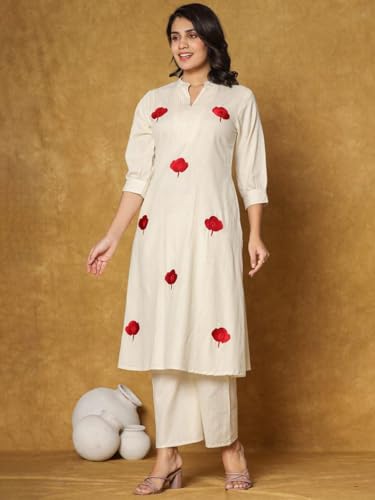 Image of INDO ERA Women's's Pure Cotton Embroidered Kurta Women | Floral Neck & Hem Embroidery | Cotton Kurta Women |