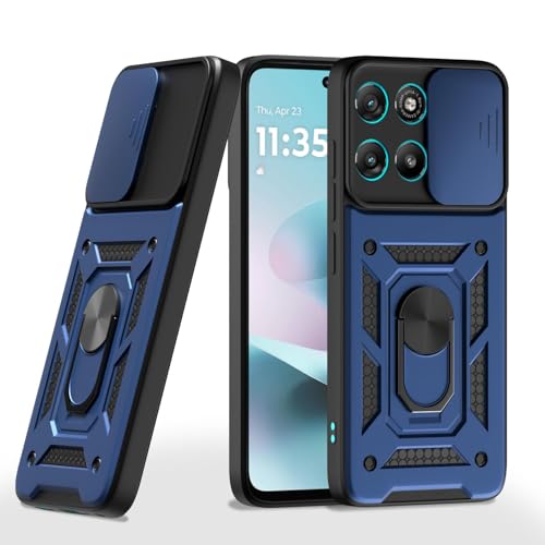 Image of SPAZY CASE Moto G67 Power Back Cover | Heavy Duty Hybrid Case with 360 Degree Rotating Finger Ring Holder + Slider Shutter Camera Protection Case for Moto G67 Power - Blue