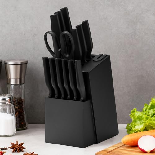 Zuni 15-Piece Kitchen Knife Set with Block & Built-in Sharpener, Full Tang Stainless Steel Knives, Dishwasher Safe Chef Knife Set with Anti-Slip Ergonomic Handles, Black