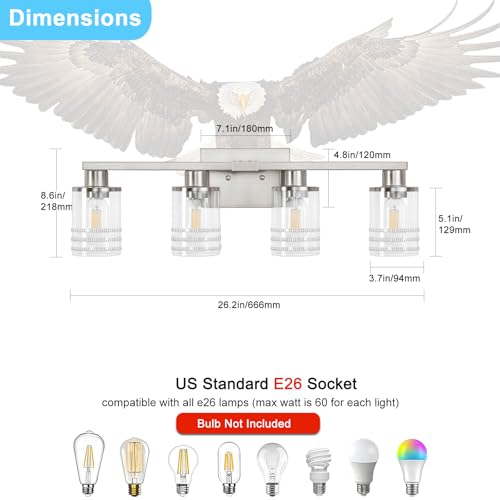 Image of YYT Brushed Nicekl Bathroom Light Fixtures 4 Light Bathroom Vanity Light Brushed Nicekl Vanity Lights for Bathroom with Clear Glass Shade