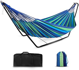 Hammock with Stand, Double Cotton Hammock with Space-Saving Steel , Adjustable Stand and Large Carrying bags , 2 x White Ropes,2 x Hook for Child Adults to Outdoor Garden /Travel /Hiking