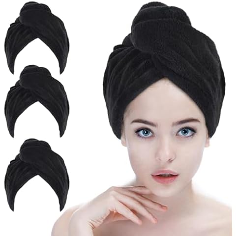 SINLAND Microfiber Hair Drying Cap Hair Towel Turban Twist for Women Fast Drying Towels Head Turban Absorbent Soft Lightweight 3 Pack Black Cover