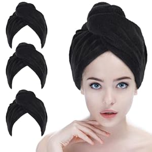 SINLAND Microfiber Hair Drying Cap Hair Towel Turban Twist for Long Hair Fast Drying Towels Head Turban Absorbent Soft Lightweight 3 Pack Black