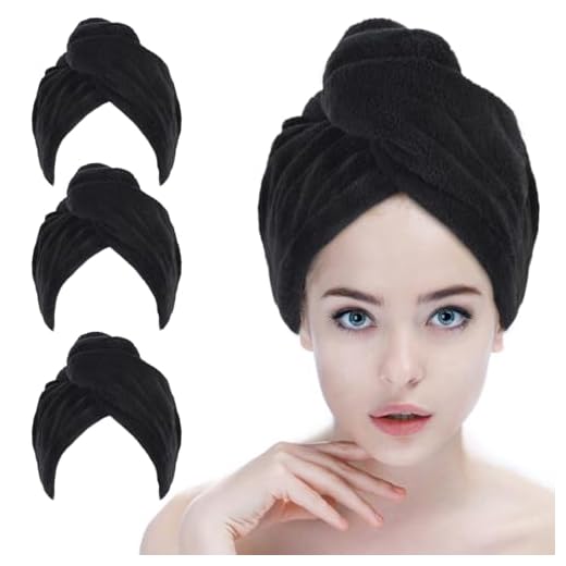 SINLAND Microfiber Hair Drying Cap Hair Towel Turban Twist for Long Hair Fast Drying Towels Head Turban Absorbent Soft Lightweight 3 Pack Black
