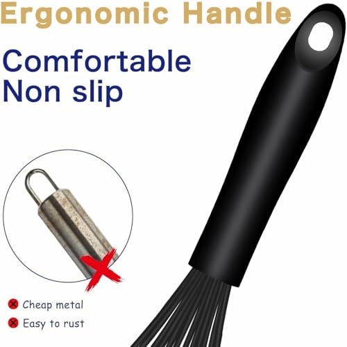 Dishwasher Safe Silicone Whisk, Sealed Waterproof Design Set of 3, Professional Kitchen Whisks for Cooking Non-Scratch, Silicone & Stainless Steel Whisk, Heat Resistant Balloon Egg Beater, Black - Image 6
