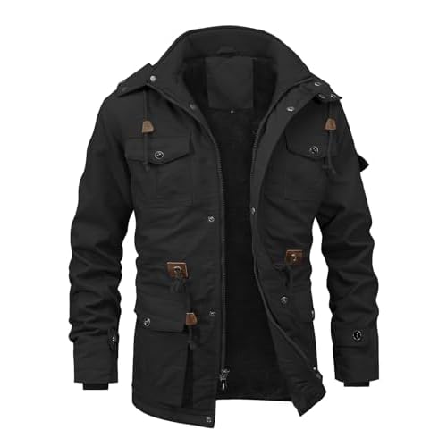 INVACHI Men’s Winter Jacket Cotton Military Jackets Fleece Lined Thick Work Coats Warm Cargo Jackets with Hooded Pockets