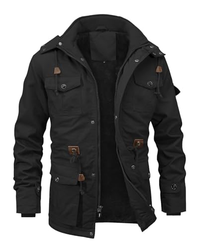 INVACHI Men's Winter Jacket Cotton Military Jackets Fleece Lined Thick Work Coats Warm Cargo Jackets with Hooded Pockets
