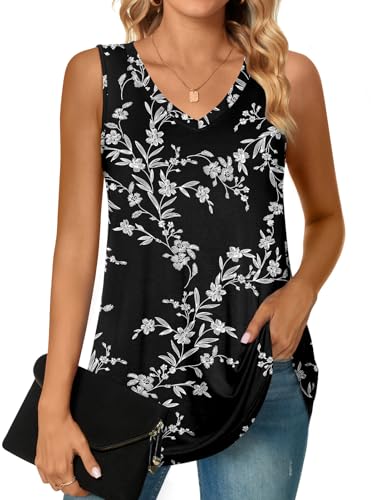 POPYOUNG Women's Long Tunic Tank to Wear with Leggings Summer V-Neck Sleeveless Tops Loose Shirts