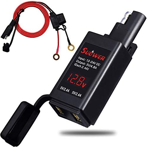 Suuwer Motorcycle USB Charger, Motorcycle Phone Charger, SAE to USB Adapter, with ON/Off Switch and Voltmeter (5V 4.8A)