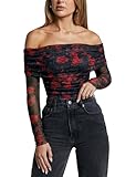 SAUNGKUAI Women's Off The Shoulder Long Sleeve Bodysuit Sexy red rose Body Suit Tops Sheer Mesh Ruched Fall Outfits 2026 Red Rose M