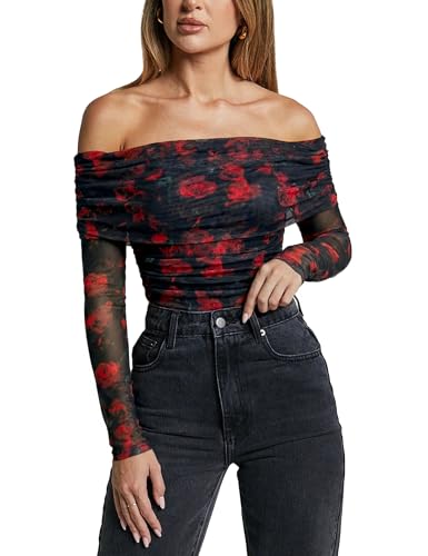 SAUNGKUAI Women's Off The Shoulder Long Sleeve Bodysuit Sexy red
