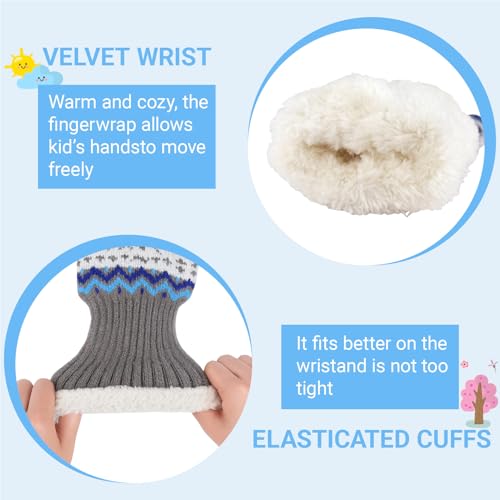Image of Warm Fleece Lined Winter Mittens for Toddlers 3-7 Years, Boys Girls Soft Knit Snow Gloves