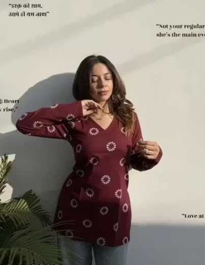 Image of FELISIA Women's Rayon Floral Printed Full Sleeves V-Neck Short Kurti, Bell Sleeves, Short Kurti for Woman, Stylish Ethnic Top, Daily Casual Western & Office wear