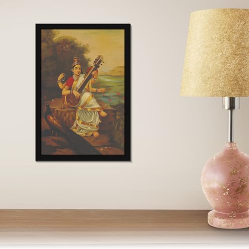 Image of Mad Masters Mata Saraswati Devi Goddess of Knowledge Painting Photo Frame for Living Room, Bedroom, Home Decor and Wall Decoration (MM 1630, 30.5L x 20.3W cm, Canvas, With Plexi Glass)