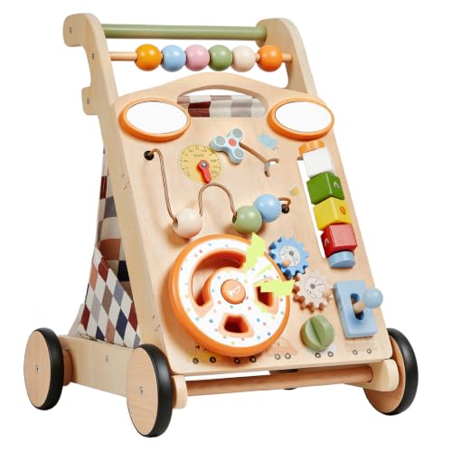 GROWNSY Wooden Baby Walker with Wheels 3-in-1 Sit-to-Stand Baby Walker with Adjustable Speed Montessori Push Walker with 7-in-1 Removable Activity Panel First Birthday Gifts for Boys & Girls