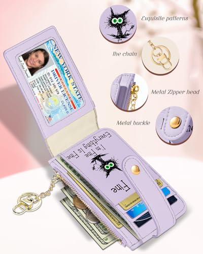 Hautebella Credit Card Holder Wallet for Women Cute Small for Ladies Teen Girls Female RFID Cats Fine Leather Cardholder Wallets Organizer Purse Sunflower Girly Aesthetic Print Unique Zipper - Image 6