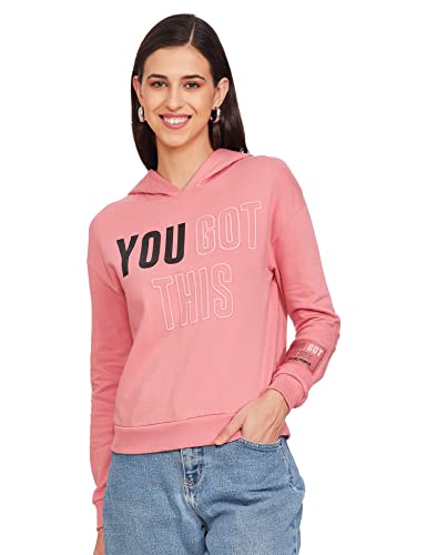 Image of Max Women Cotton Typographic Printed Hooded Sports Sweatshirt