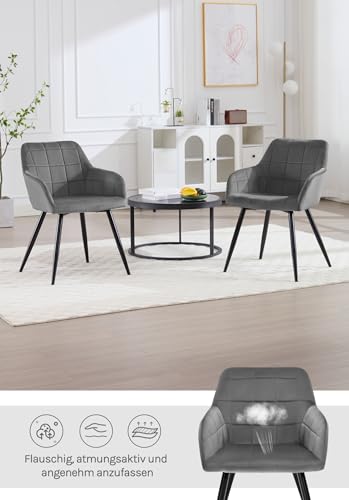 Foto von WOLTU Esszimmerstühle 1er Set Sessel Küchenstuhl Polsterstuhl Wohnzimmerstuhl mit Armlehnen, Sitzfläche aus Samt, Metallbeine, Dunkelgrau