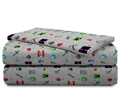 Image of Jay Franco Kids Sheet Set with Fitted, Flat Sheets & Pillow Cover - Ultra-Soft Bedding with Pillowcase for Room Decor, Gray - Minecraft, 3 Piece Twin
